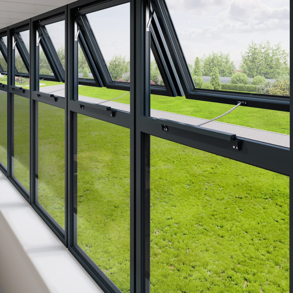 TCD1 window actuator fitted to a top hung window to provide natural ventilation.