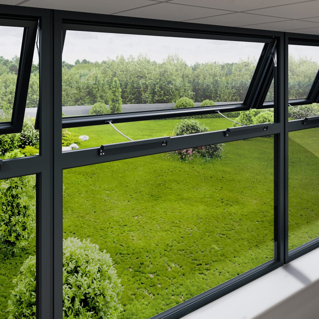 TCD1 chain actuators fitted to a wide top hung window. The actuators are programmed to work in sync on the same window.