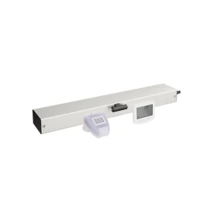 Rectangular automatic window opener with a sensor and digital control panel displayed at the front, isolated on a white background.