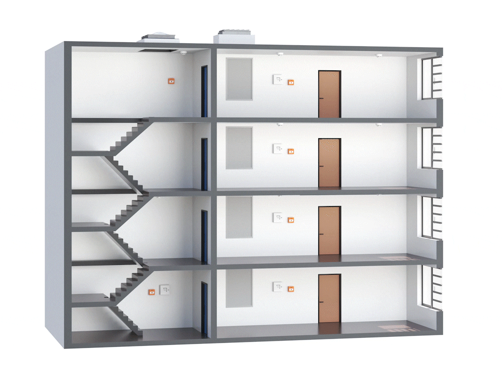 Smoke ventilation model demonstrating a smoke control system during a dire. The model shows stairwell smoke, lobby smoke damper and head of shaft louvre operating during a fire.