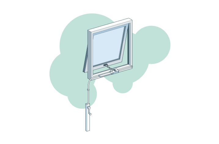 Illustration of a roof window with an opening mechanism, featuring a handle and extending rod designed for natural ventilation, depicted against a light green background.