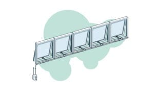 Diagram of five windows connected in a row with an electronic mechanism on the left for simultaneous opening and closing. Green circles are in the background, illustrating an efficient door automation system.