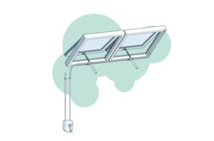 Illustration of two hinged solar panels connected by a cable to an electrical outlet, featuring window actuators for enhanced positioning and efficiency.