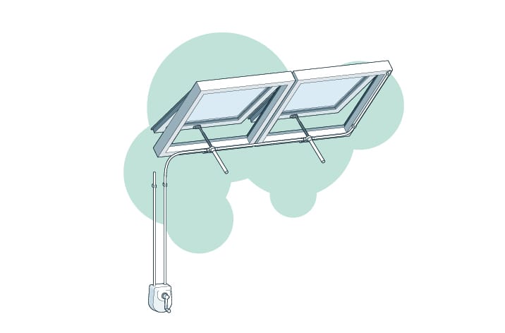 Illustration of two hinged solar panels connected by a cable to an electrical outlet, featuring window actuators for enhanced positioning and efficiency.