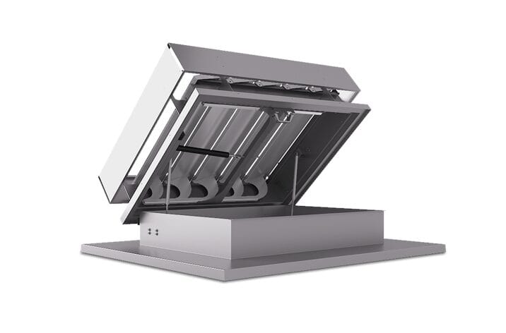 A metal hatch with an open lid, showing an interior with several cylindrical components and a hinge mechanism, designed for natural ventilation. The structure is placed on a flat base.