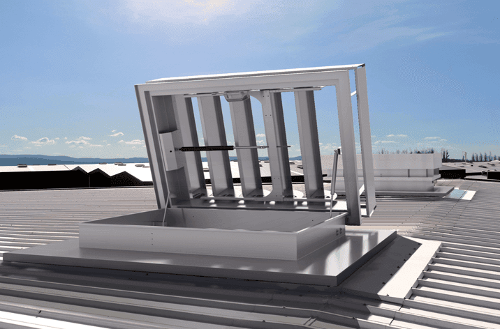 A rooftop hatch is open, revealing a metal staircase leading down. The sky is clear with some clouds in the distance, and industrial buildings with smoke ventilation systems are visible on the horizon.