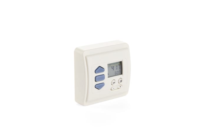 Digital thermostat with a small screen displaying temperature and blue buttons for setting controls, isolated on a white background. Perfectly integrates with systems featuring natural ventilation and window actuators.