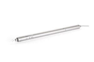 A cylindrical metallic sensor with a wire extending from one end, featuring various labels and certifications etched on the surface, ideal for integration into door automation systems.