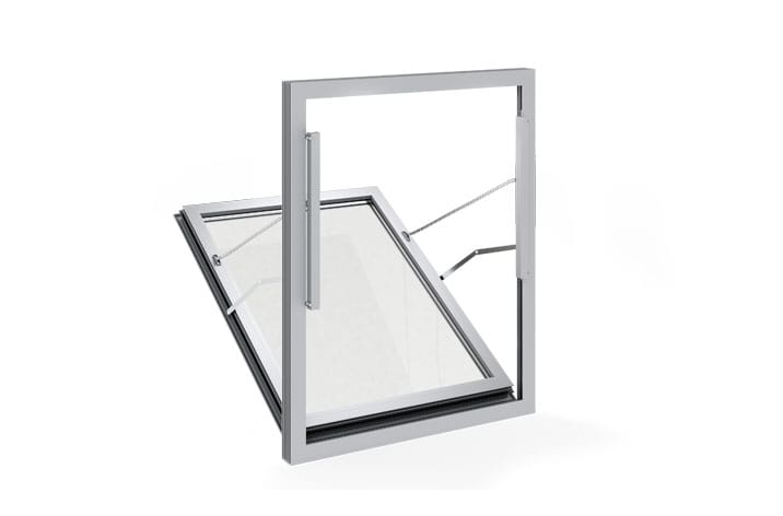 A bottom-hung, outward-opening window with a metallic frame and clear glass panel, shown partially open, offering excellent natural ventilation.