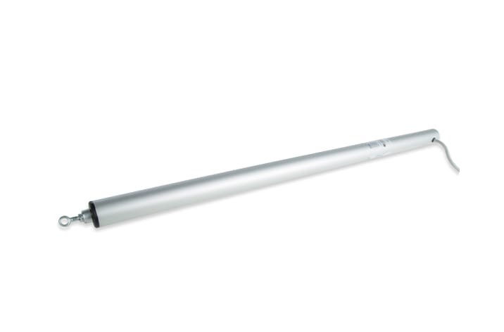 A silver linear actuator with an eyelet on one end and a wire extending from the other, primarily used in industrial and mechanical applications like door automation.