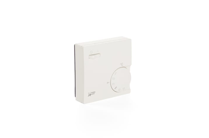 A white Honeywell thermostat with a rotary dial for temperature control and a small switch, designed to seamlessly integrate with natural ventilation systems, all set against a plain white background.
