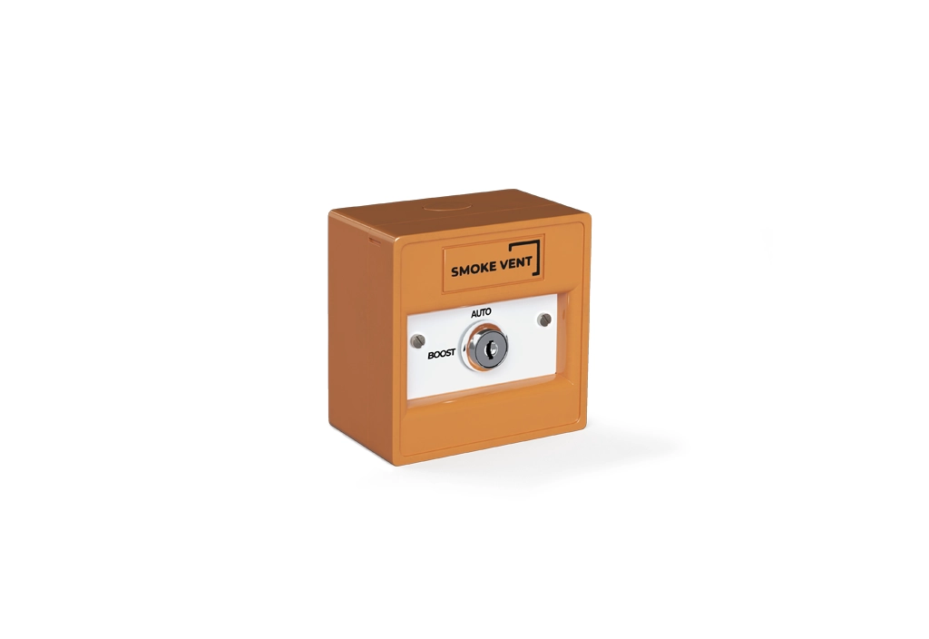 Orange smoke vent control panel with a key slot and labeled buttons for 