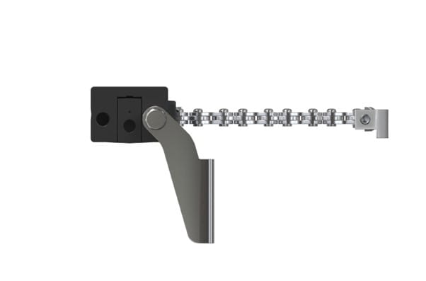 Side view of a compact chain drive window actuator showing body, mountain brackets and chain