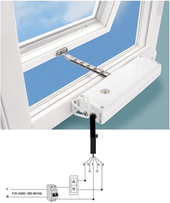Automated window fitted with 230v mains voltage chain actuator showing typical wiring schematic