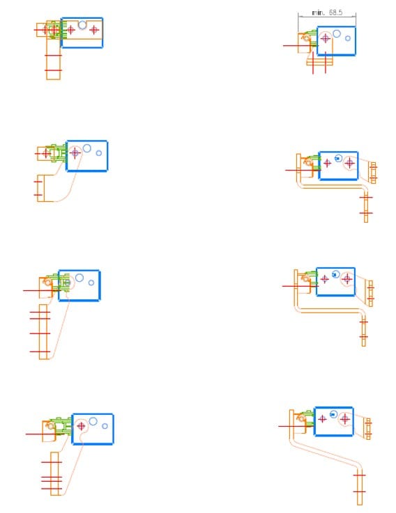 A technical diagram displaying eight variations of a mechanical component assembly features window actuators, with highlighted connections and dimensions.