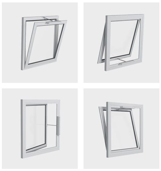 Four types of windows are displayed, each in a different opening position: top-hung, bottom-hinged, side-hinged, and tilt-turn. All feature a sleek, white frame complemented by advanced window actuators for effortless operation.
