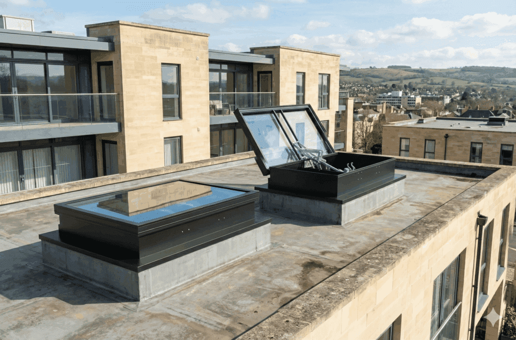 AOV Roof Hatch open on top of a building
