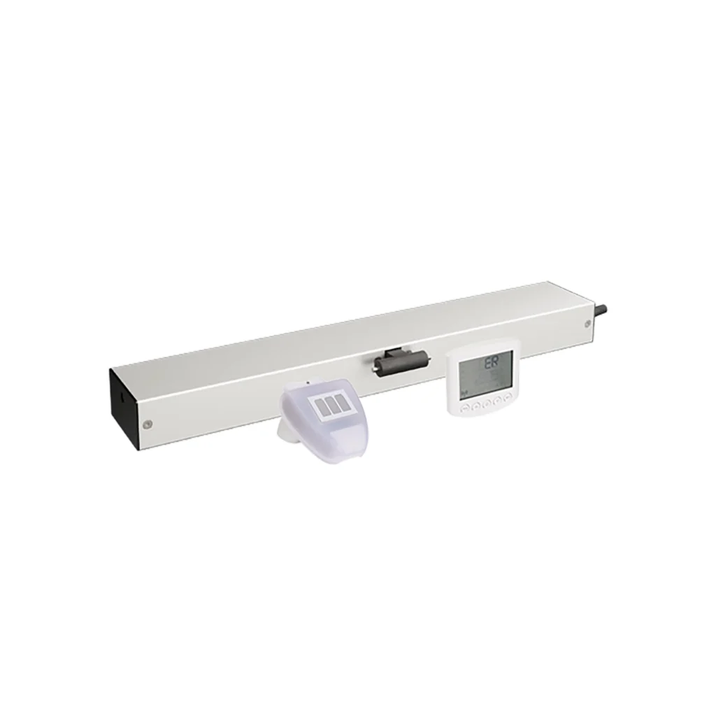 Rectangular automatic window opener with a sensor and digital control panel displayed at the front, isolated on a white background.