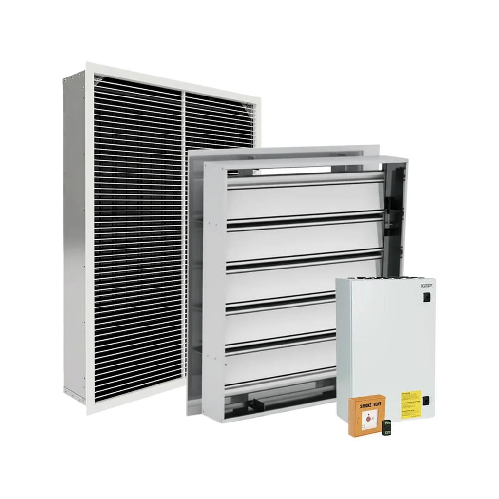 Three HVAC components including a grille, a multi-blade damper, and an electrical control panel with a small remote, arranged against a white background.