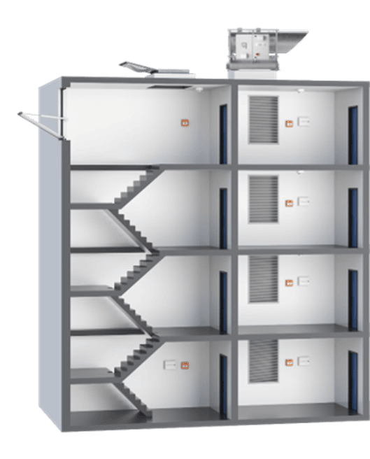 Cross-section view of a four-storey building showing a stairwell, emergency exit doors, wall vents, and a rooftop mechanical unit with an open access panel.