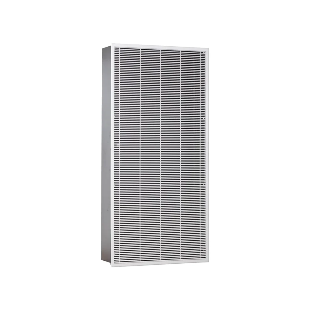 Rectangular white metal wall heater with horizontal vent slats, viewed at an angle against a plain white background.